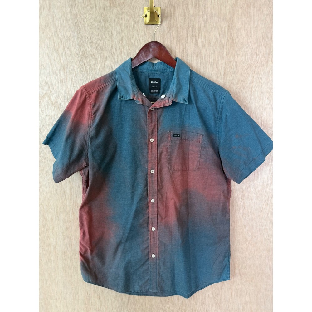 RVCA Mens Large Slim Fit Short Sleeve Button Down Shirt Teal Red Tie Dye Wash